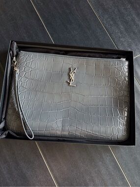 Saint Laurent Gray Croc-Embossed Leather Wrist Pouch with YSL Hardware